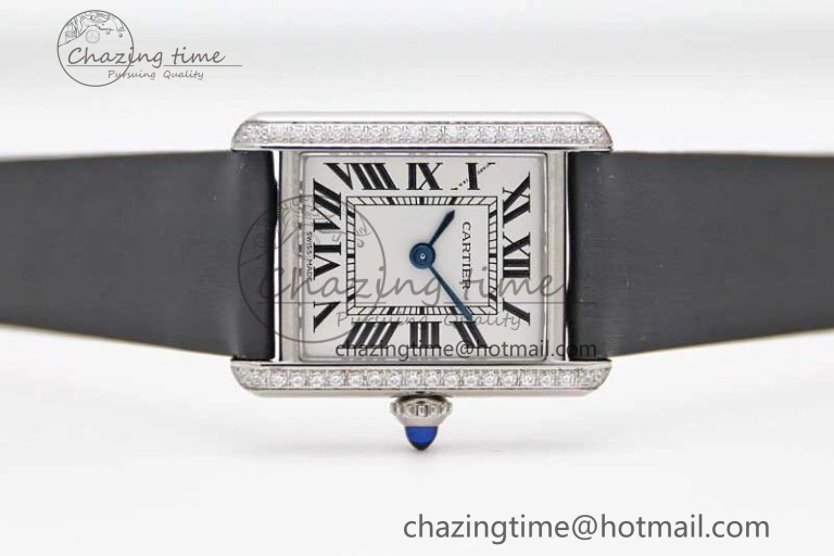 ComfortFit Tank Must Small SS K11F 1:1 Best Edition White Dial Diamonds Bezel on Satin Leather Strap Ronda Quartz 6065