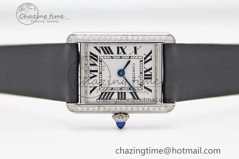 ComfortFit Tank Must Small SS K11F 1:1 Best Edition White Dial Diamonds Bezel on Satin Leather Strap Ronda Quartz 6065