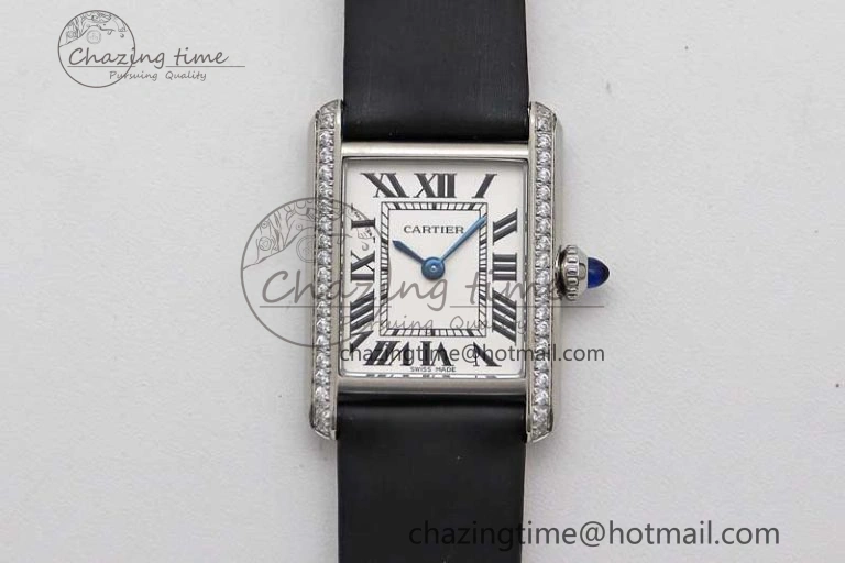 SoftTouch Tank Must Small SS K11F 1:1 Best Edition White Dial Diamonds Bezel on Satin Leather Strap Ronda Quartz 10226