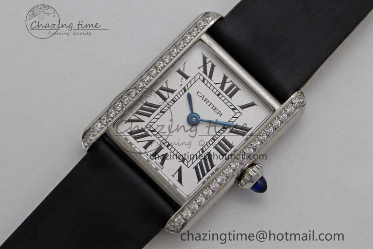 ComfortFit Tank Must Small SS K11F 1:1 Best Edition White Dial Diamonds Bezel on Satin Leather Strap Ronda Quartz 6065