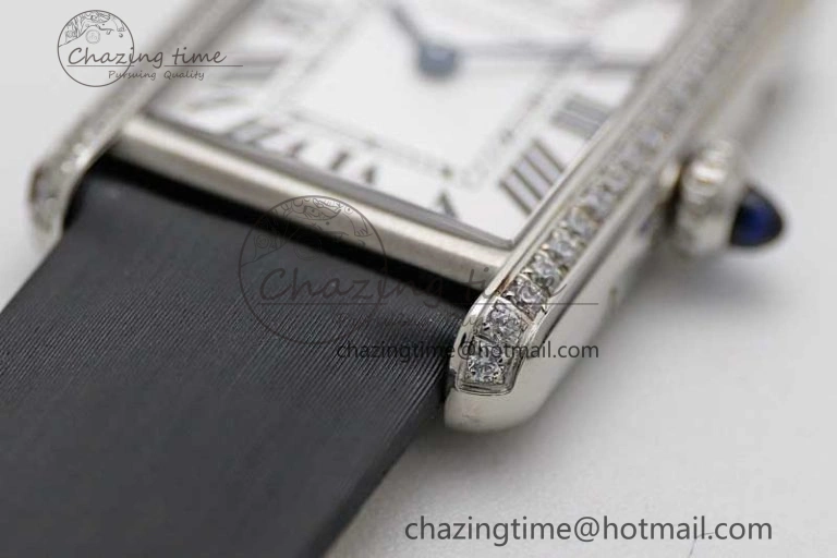 ComfortFit Tank Must Small SS K11F 1:1 Best Edition White Dial Diamonds Bezel on Satin Leather Strap Ronda Quartz 6065