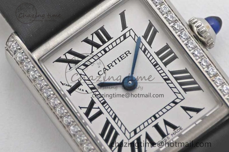 ComfortFit Tank Must Small SS K11F 1:1 Best Edition White Dial Diamonds Bezel on Satin Leather Strap Ronda Quartz 6065