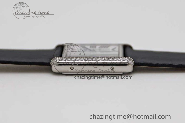 ComfortFit Tank Must Small SS K11F 1:1 Best Edition White Dial Diamonds Bezel on Satin Leather Strap Ronda Quartz 6065