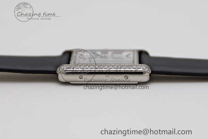 ComfortFit Tank Must Small SS K11F 1:1 Best Edition White Dial Diamonds Bezel on Satin Leather Strap Ronda Quartz 6065