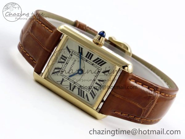 Refined Tank Must Small YG 29mm DRF 1:1 Best Edition YG Dial on Brown Leather Strap Swiss Quartz 5950