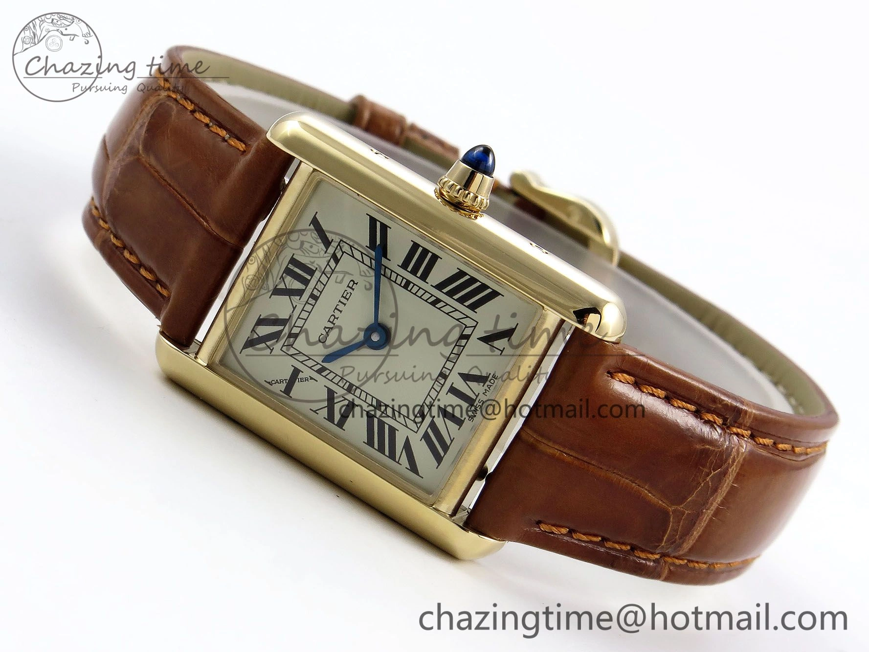 Refined Tank Must Small YG 29mm DRF 1:1 Best Edition YG Dial on Brown Leather Strap Swiss Quartz 5950