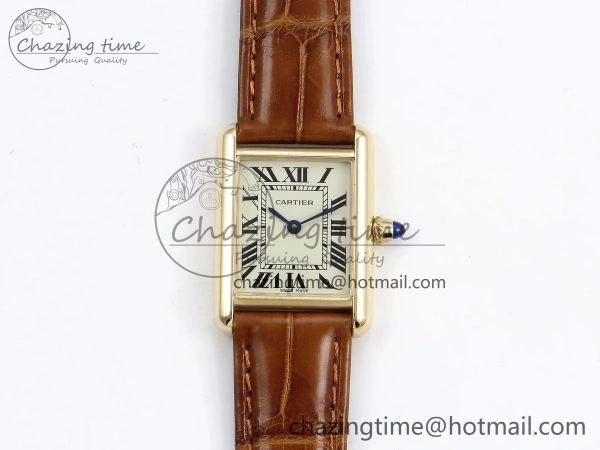 Refined Tank Must Small YG 29mm DRF 1:1 Best Edition YG Dial on Brown Leather Strap Swiss Quartz 5950