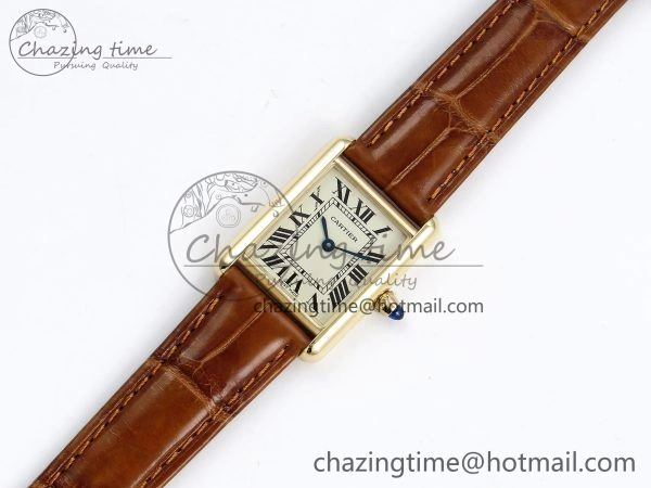 Refined Tank Must Small YG 29mm DRF 1:1 Best Edition YG Dial on Brown Leather Strap Swiss Quartz 5950