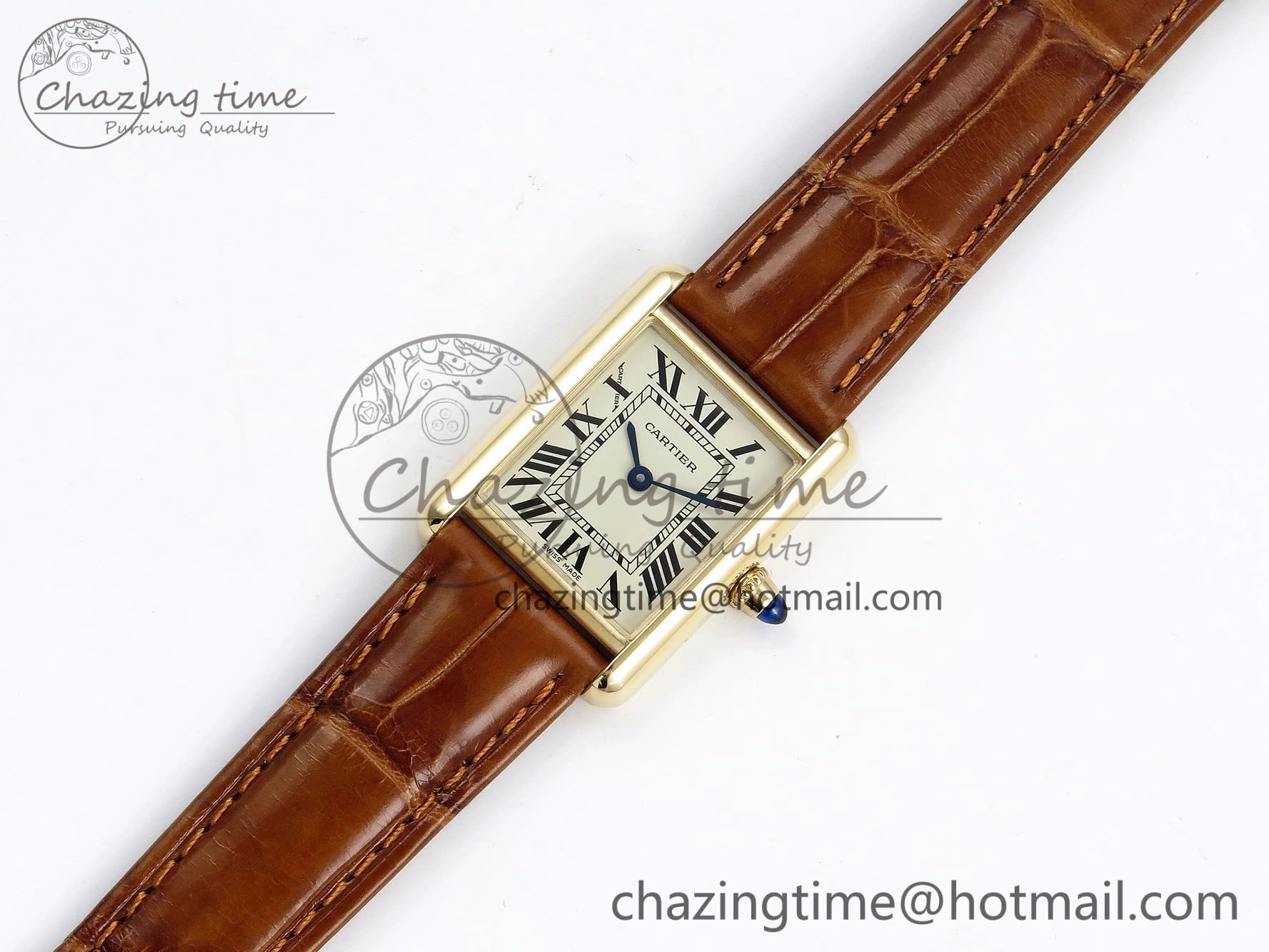 Refined Tank Must Small YG 29mm DRF 1:1 Best Edition YG Dial on Brown Leather Strap Swiss Quartz 5950