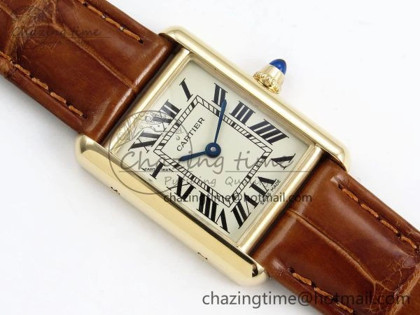 Refined Tank Must Small YG 29mm DRF 1:1 Best Edition YG Dial on Brown Leather Strap Swiss Quartz 5950