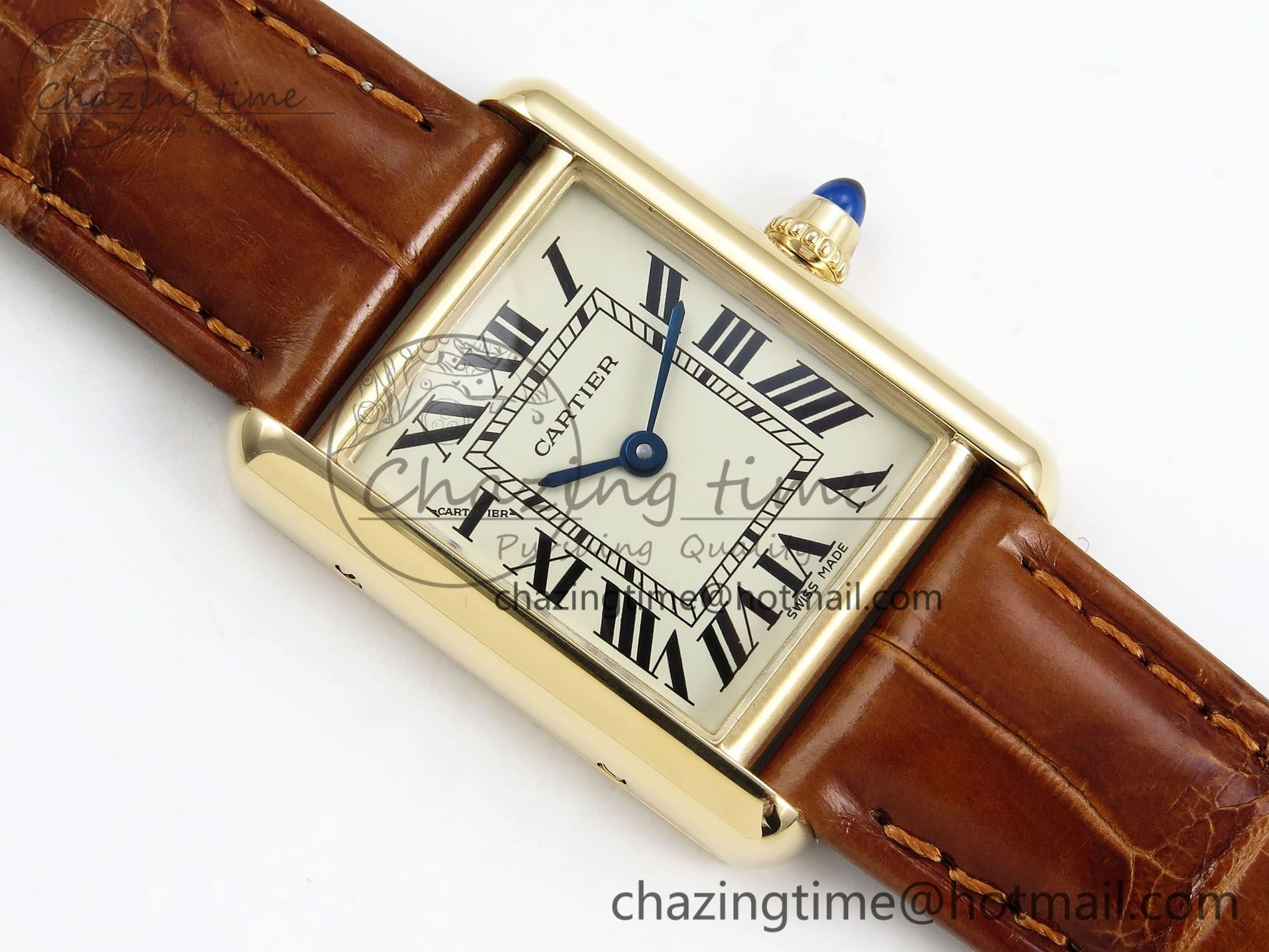 Refined Tank Must Small YG 29mm DRF 1:1 Best Edition YG Dial on Brown Leather Strap Swiss Quartz 5950