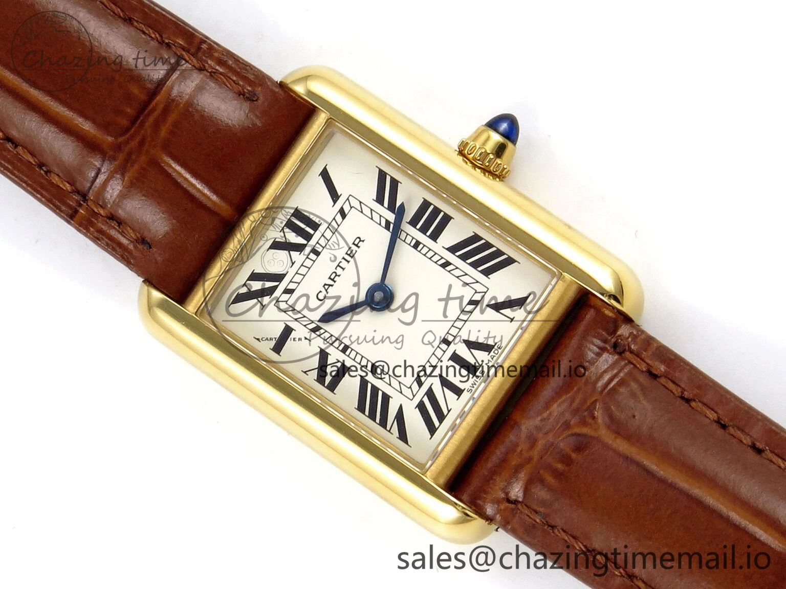 Timeless Tank Must YG 22mm AF 1:1 Best Edition White Dial on Brown Leather Strap Ronda Quartz 5888