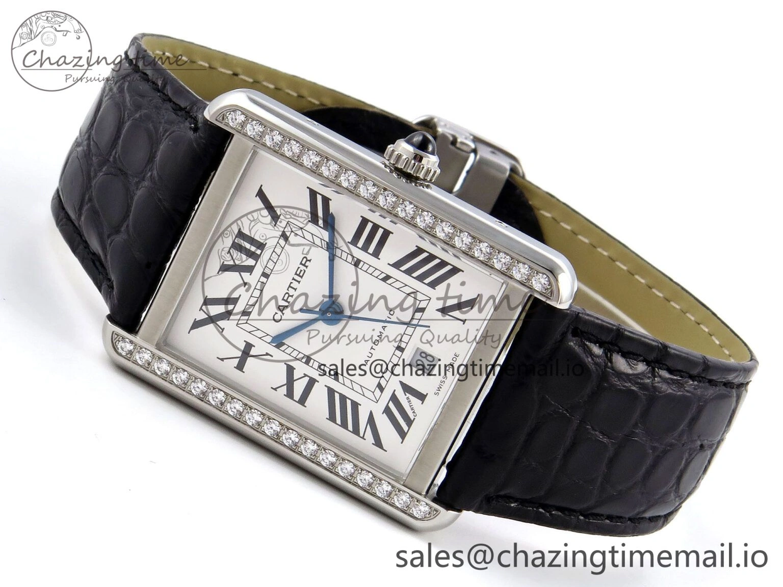 Tank Solo 31mm SS AF 1:1 Best Edition White Dial Diamonds Bezel on Black Croco Strap MIYOTA Efficient 5908