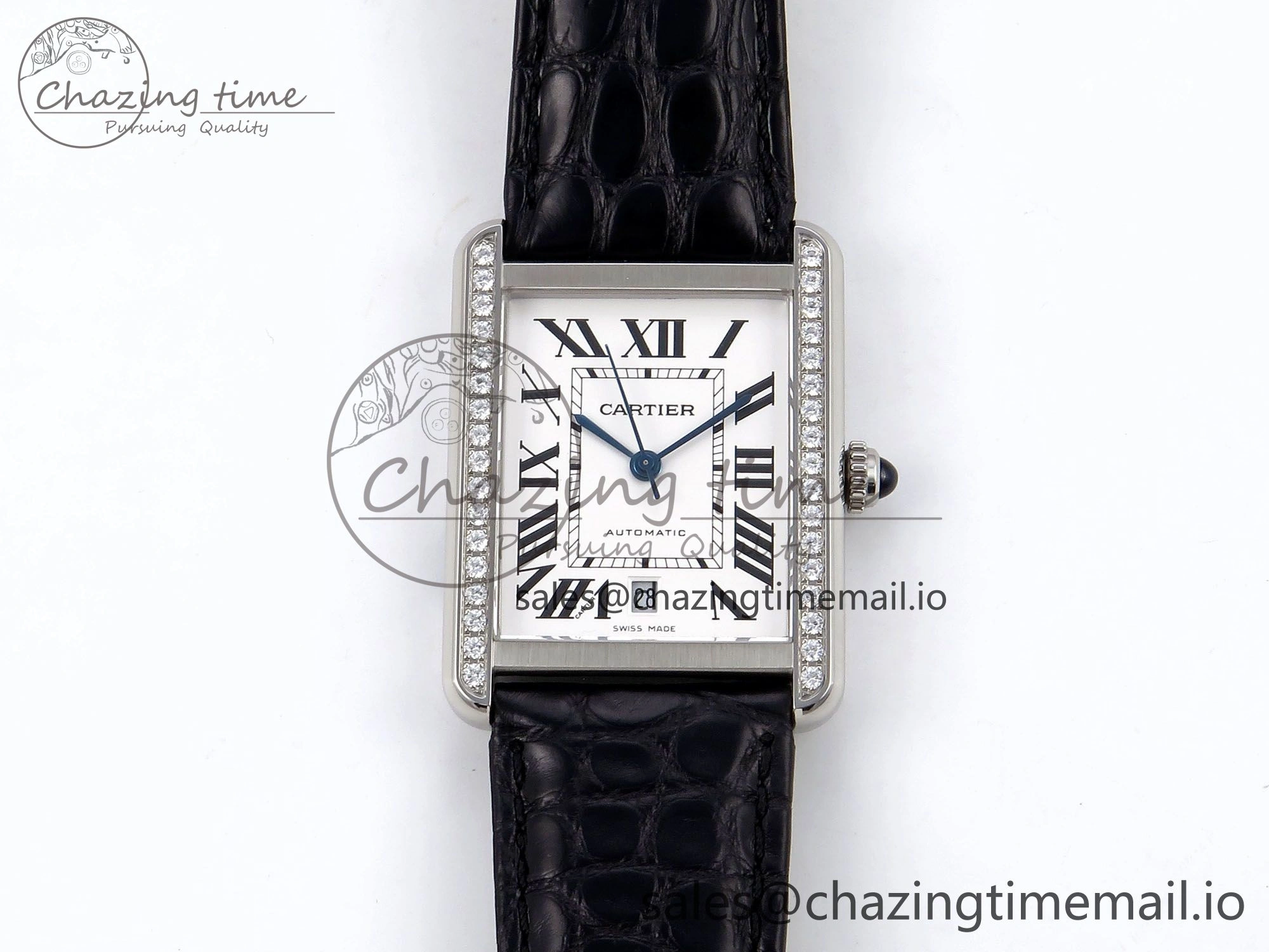 Tank Solo 31mm SS AF 1:1 Best Edition White Dial Diamonds Bezel on Black Croco Strap MIYOTA Efficient 5908