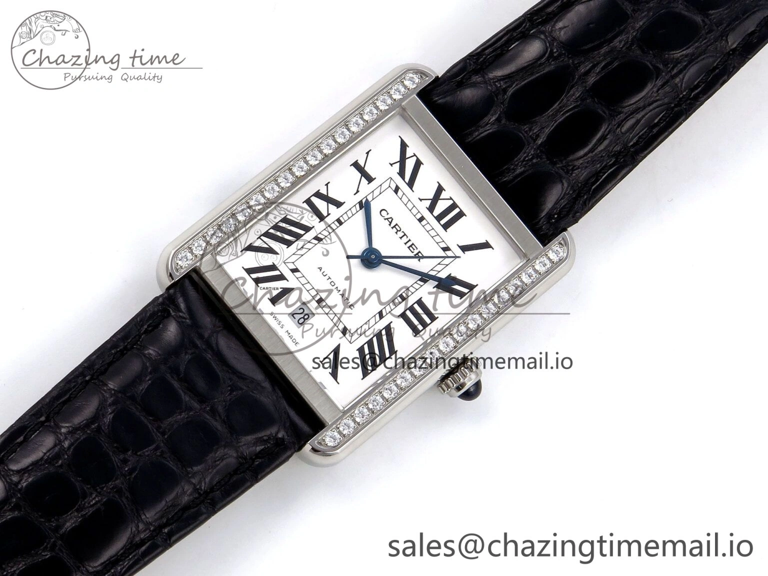 Tank Solo 31mm SS AF 1:1 Best Edition White Dial Diamonds Bezel on Black Croco Strap MIYOTA Efficient 5908