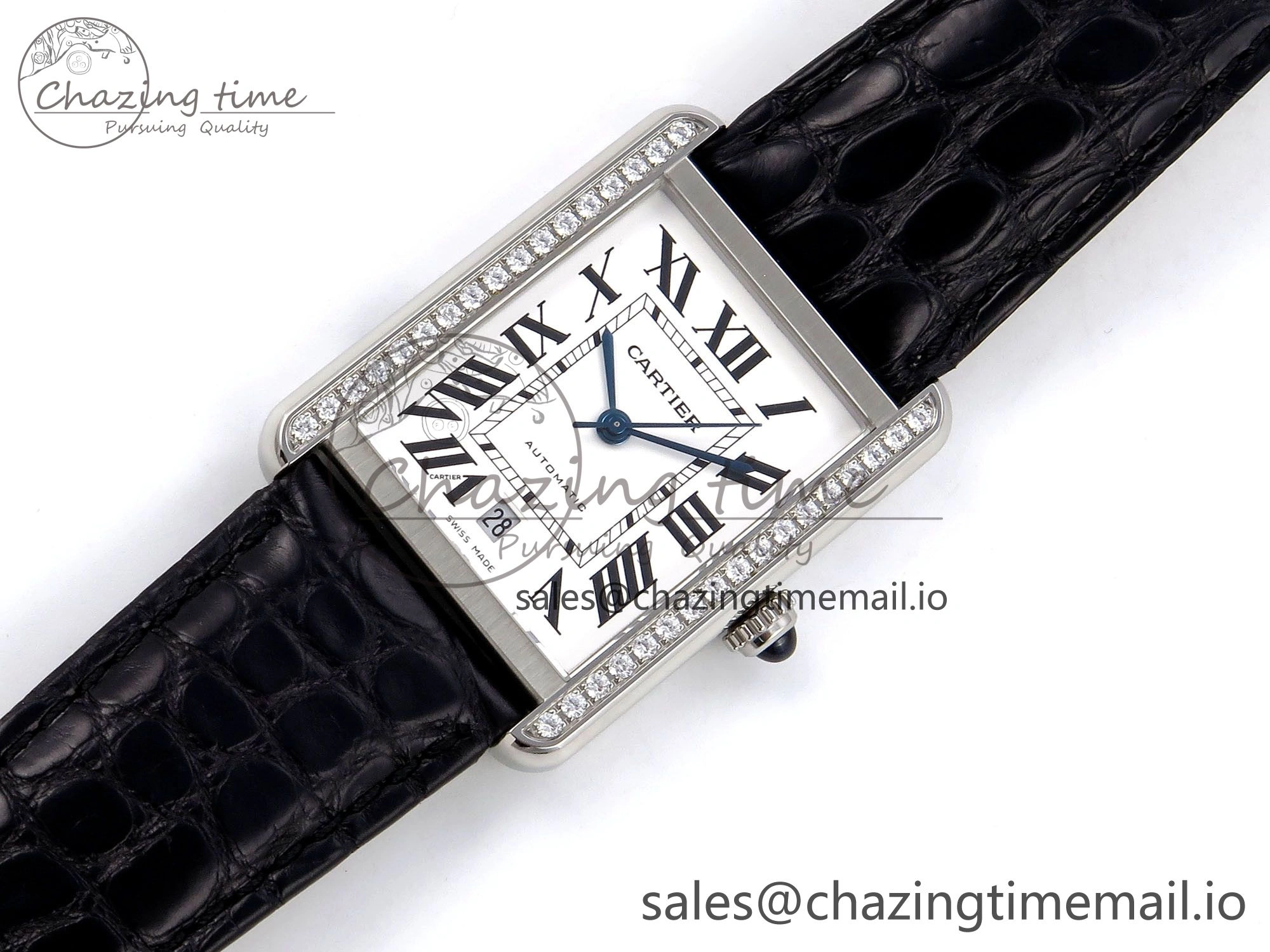 Tank Solo 31mm SS AF 1:1 Best Edition White Dial Diamonds Bezel on Black Croco Strap MIYOTA Efficient 5908