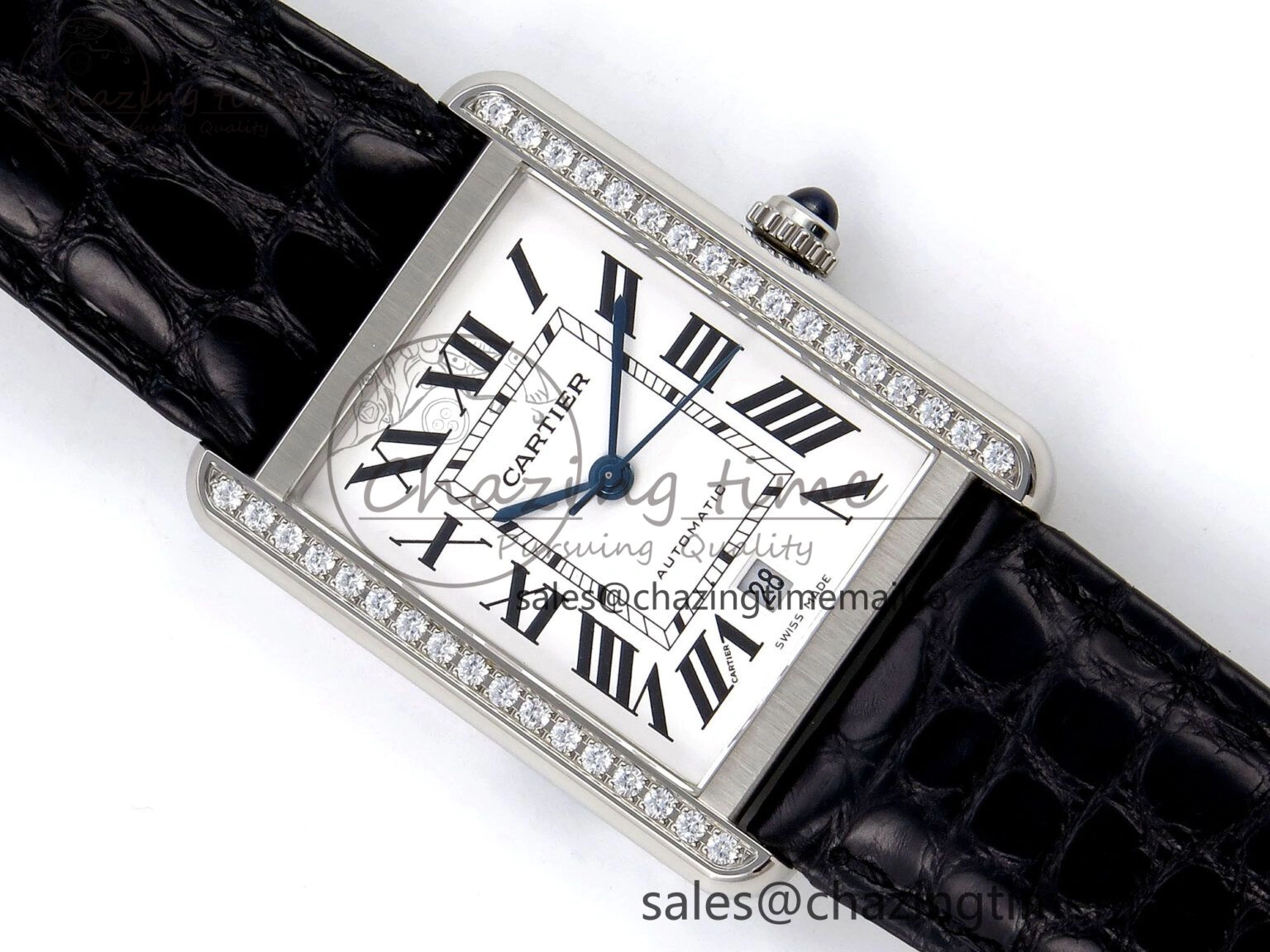Tank Solo 31mm SS AF 1:1 Best Edition White Dial Diamonds Bezel on Black Croco Strap MIYOTA Efficient 5908