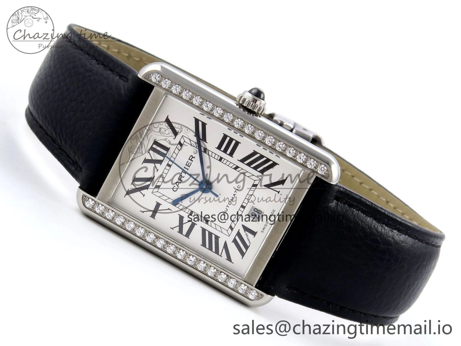 Lightweight Tank Solo 31mm SS AF 1:1 Best Edition White Dial Diamonds Bezel on Black Leather Strap MIYOTA 5916