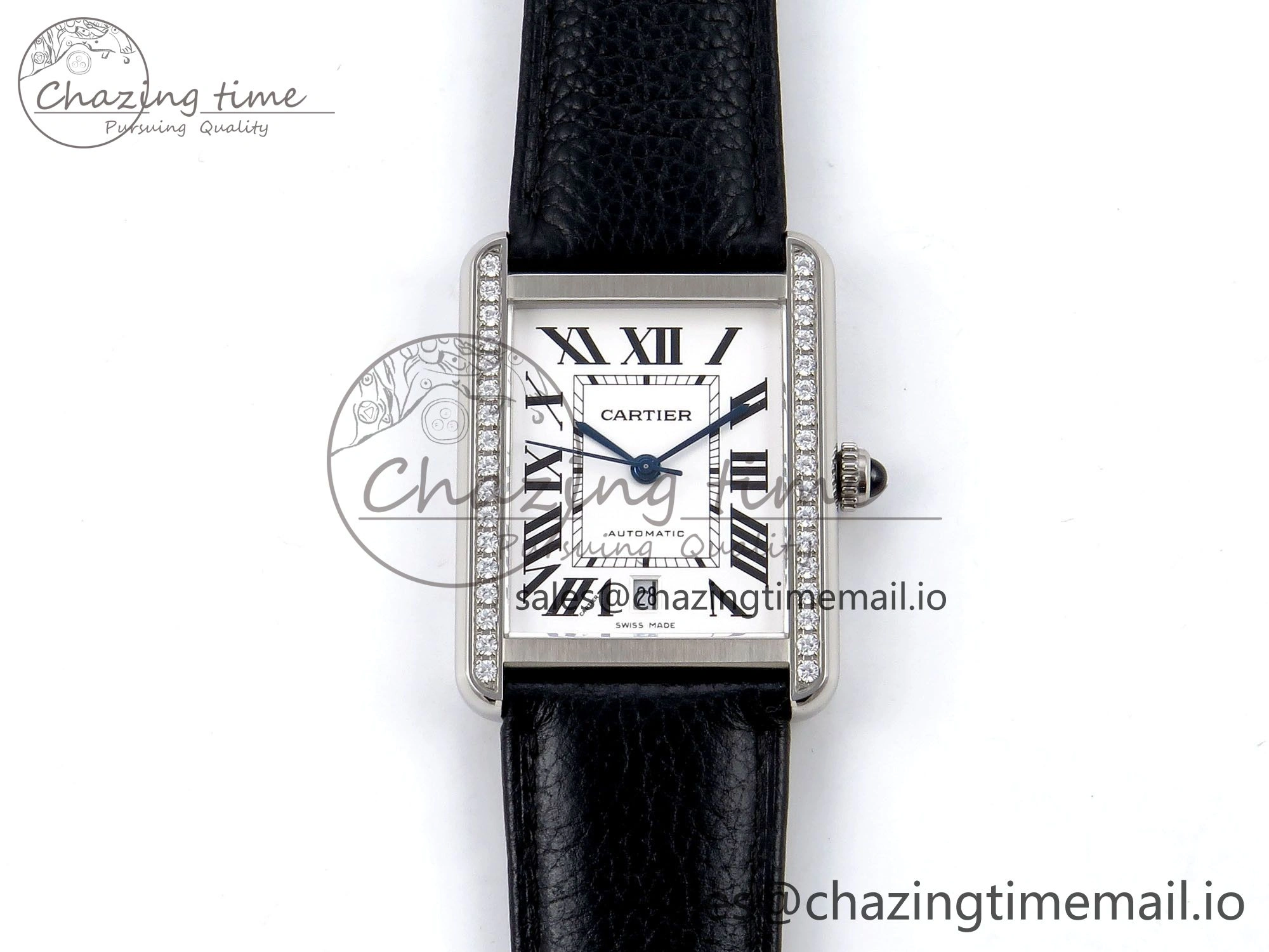 Lightweight Tank Solo 31mm SS AF 1:1 Best Edition White Dial Diamonds Bezel on Black Leather Strap MIYOTA 5916