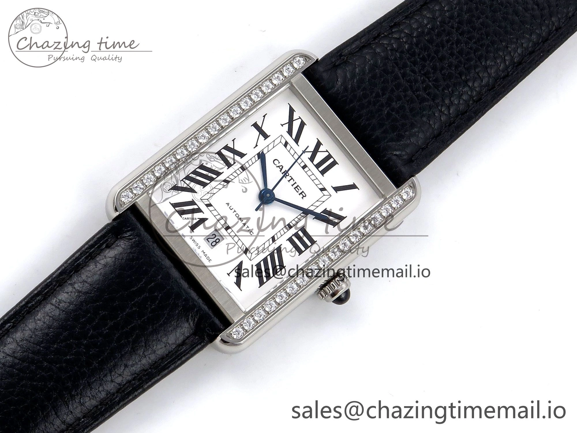 Lightweight Tank Solo 31mm SS AF 1:1 Best Edition White Dial Diamonds Bezel on Black Leather Strap MIYOTA 5916