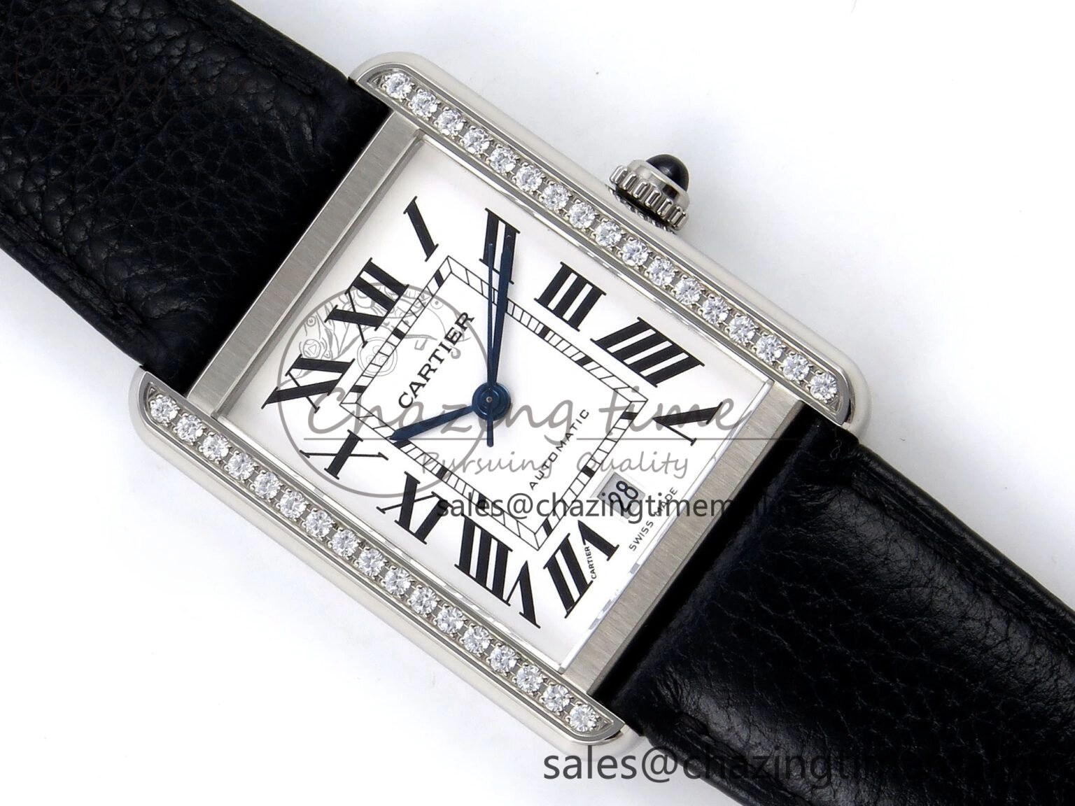 Lightweight Tank Solo 31mm SS AF 1:1 Best Edition White Dial Diamonds Bezel on Black Leather Strap MIYOTA 5916