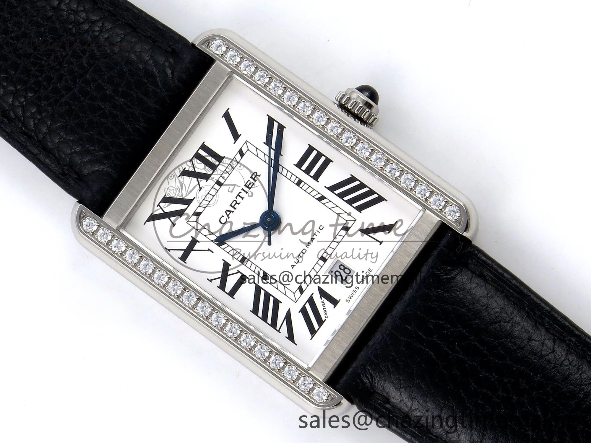 Lightweight Tank Solo 31mm SS AF 1:1 Best Edition White Dial Diamonds Bezel on Black Leather Strap MIYOTA 5916