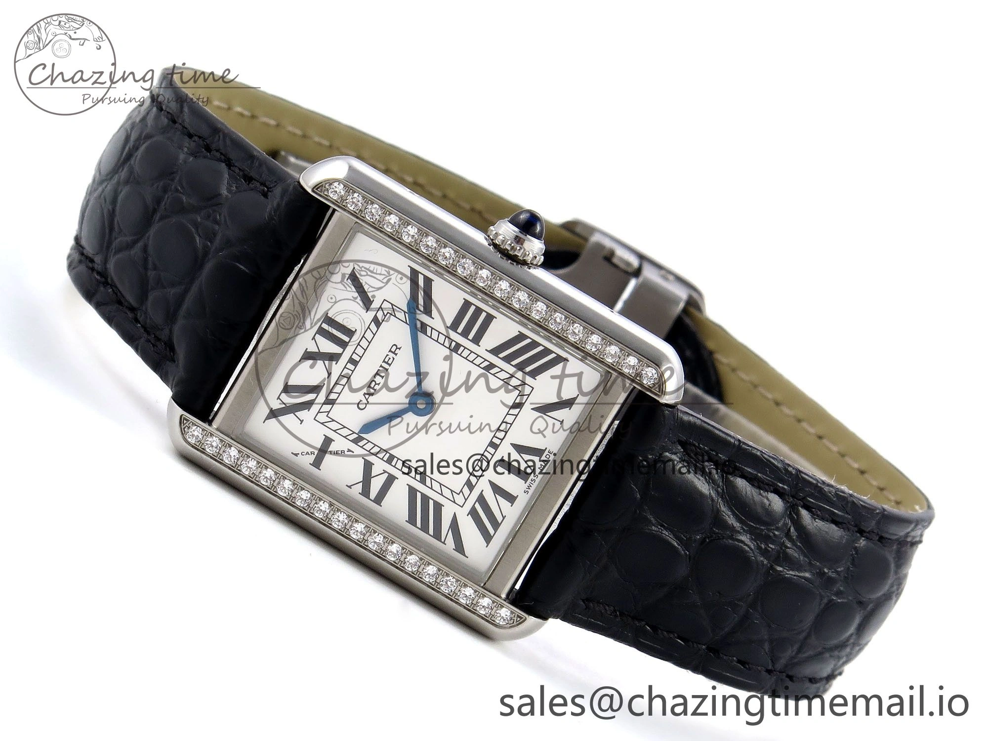 Vibrant Tank Solo Ladies 25mm SS AF 1:1 Best Edition White Dial Diamonds Bezel on Black Croco Strap Ronda Quartz 5915