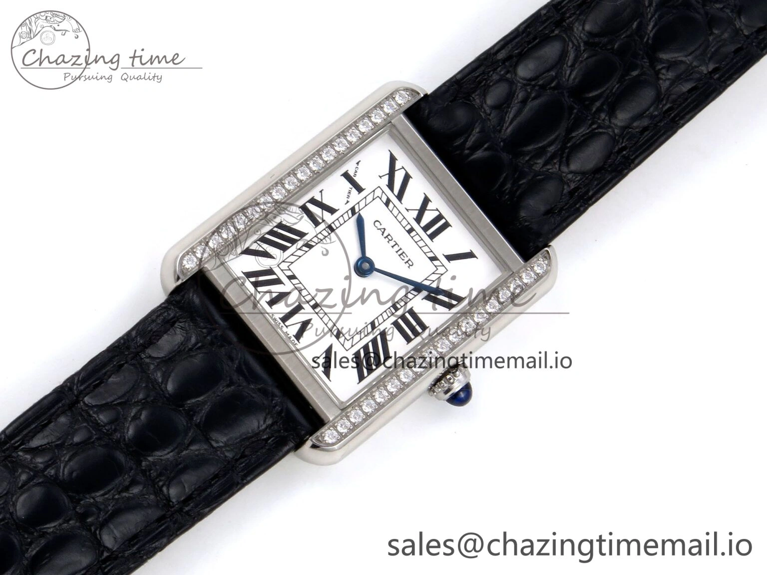 Vibrant Tank Solo Ladies 25mm SS AF 1:1 Best Edition White Dial Diamonds Bezel on Black Croco Strap Ronda Quartz 5915