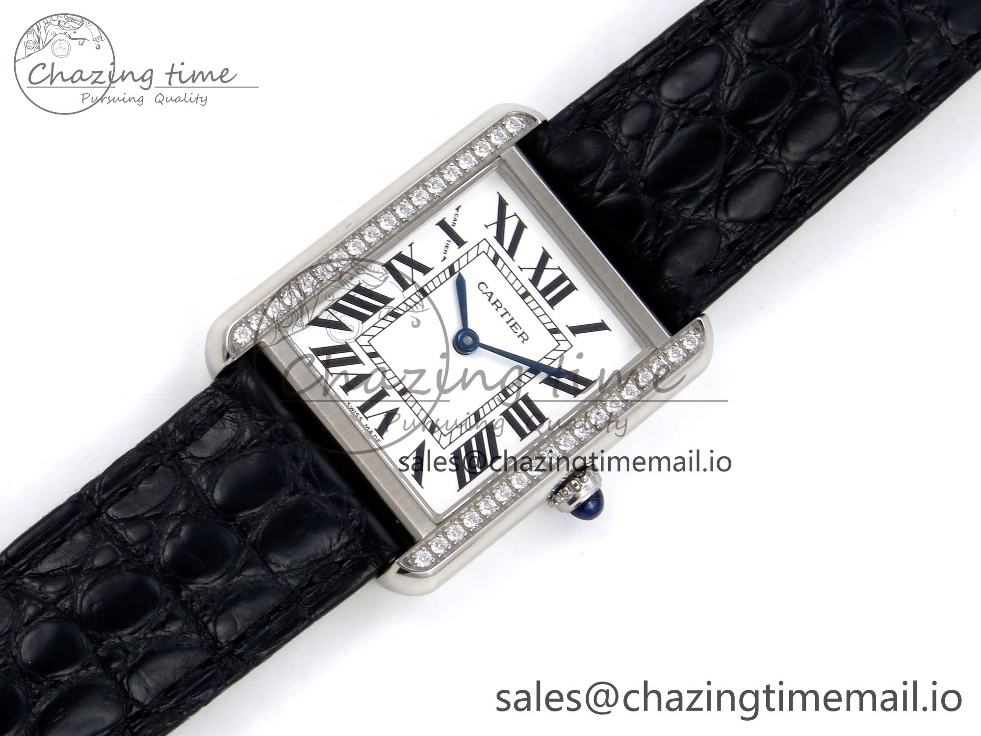 Vibrant Tank Solo Ladies 25mm SS AF 1:1 Best Edition White Dial Diamonds Bezel on Black Croco Strap Ronda Quartz 5915