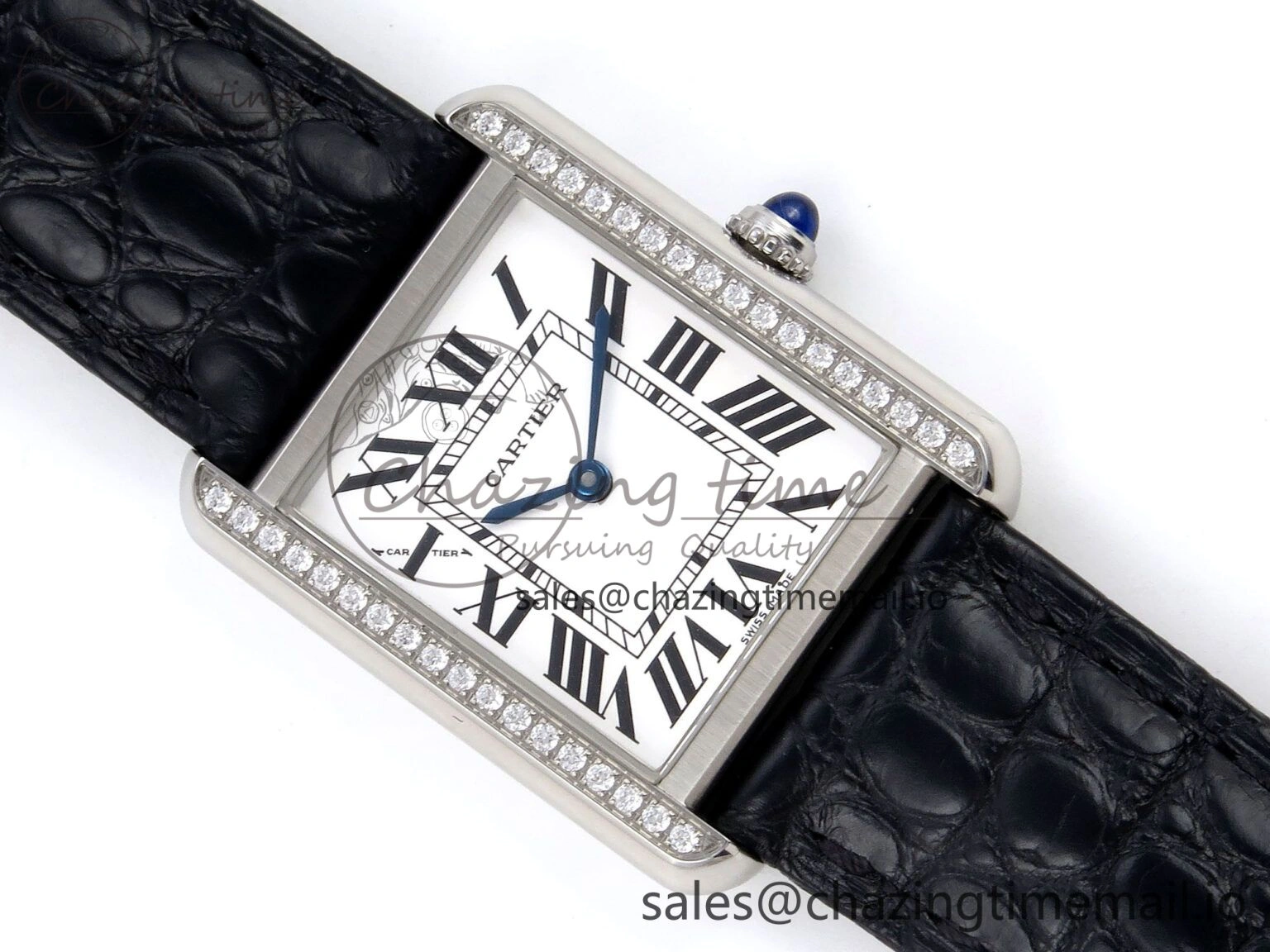 Vibrant Tank Solo Ladies 25mm SS AF 1:1 Best Edition White Dial Diamonds Bezel on Black Croco Strap Ronda Quartz 5915