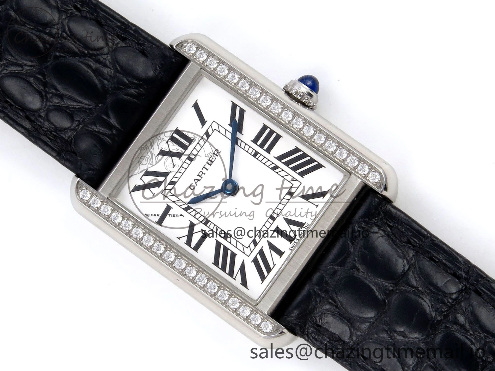 Vibrant Tank Solo Ladies 25mm SS AF 1:1 Best Edition White Dial Diamonds Bezel on Black Croco Strap Ronda Quartz 5915