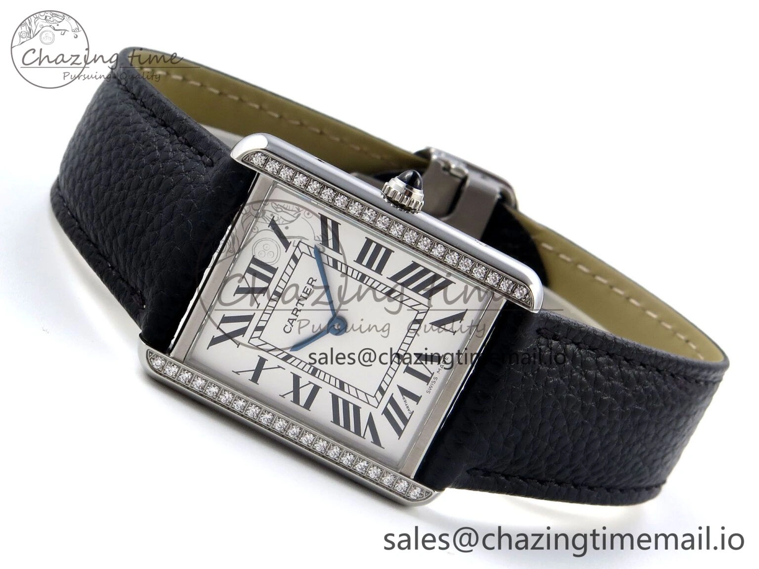 Bright Tank Solo Ladies 25mm SS AF 1:1 Best Edition White Dial Diamonds Bezel on Black Leather Strap Ronda Quartz 5911