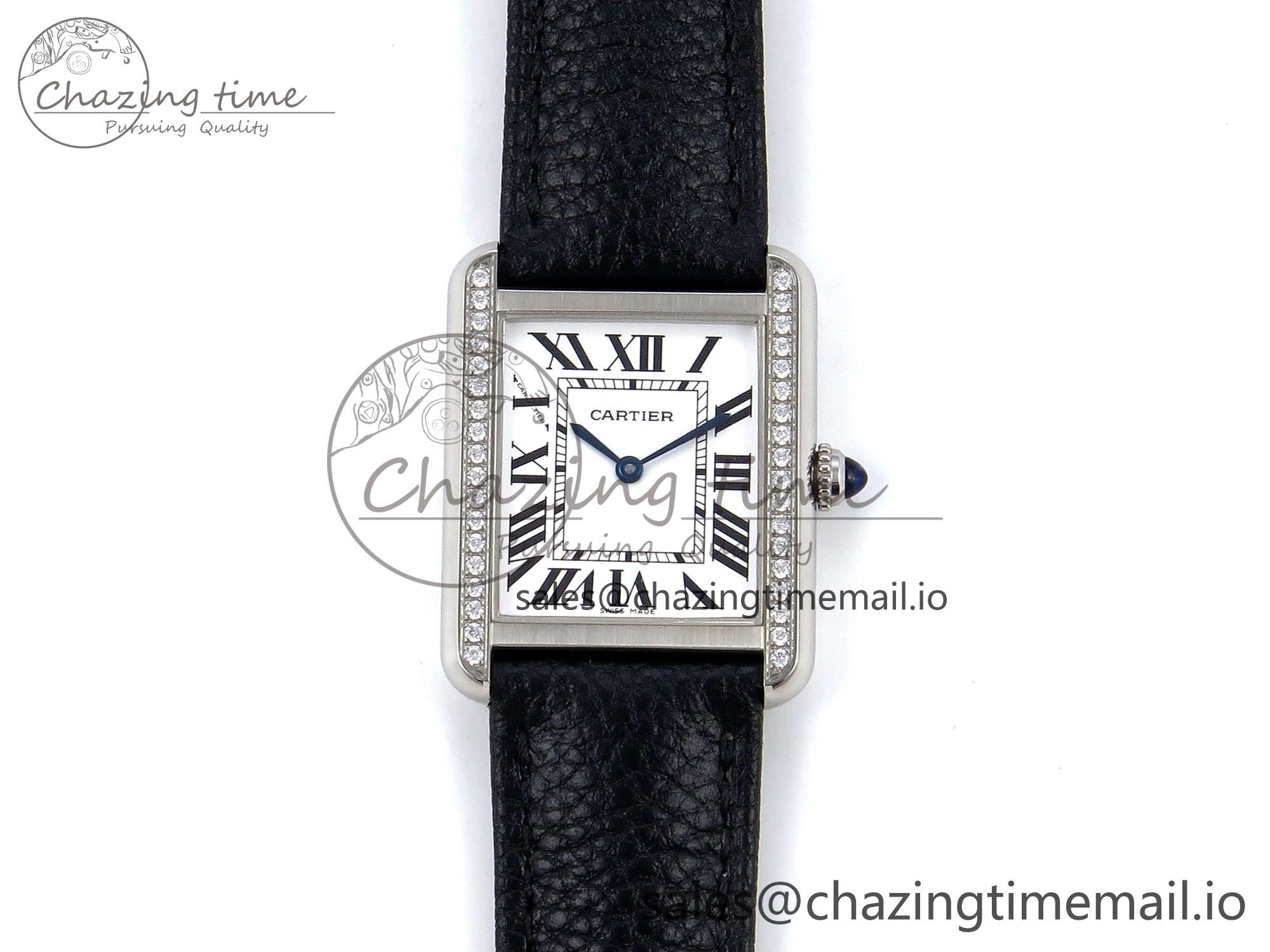 Bright Tank Solo Ladies 25mm SS AF 1:1 Best Edition White Dial Diamonds Bezel on Black Leather Strap Ronda Quartz 5911
