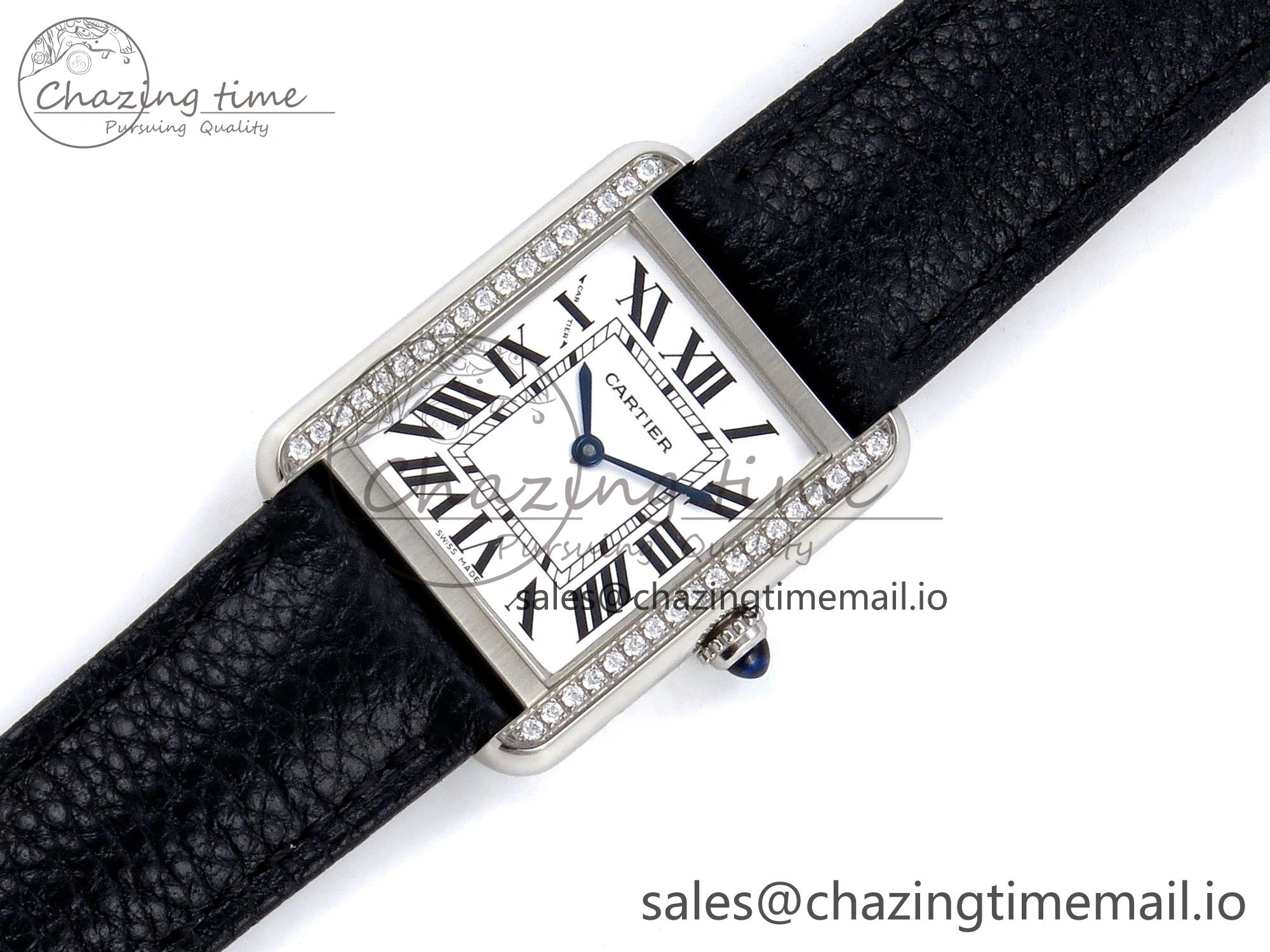 Bright Tank Solo Ladies 25mm SS AF 1:1 Best Edition White Dial Diamonds Bezel on Black Leather Strap Ronda Quartz 5911