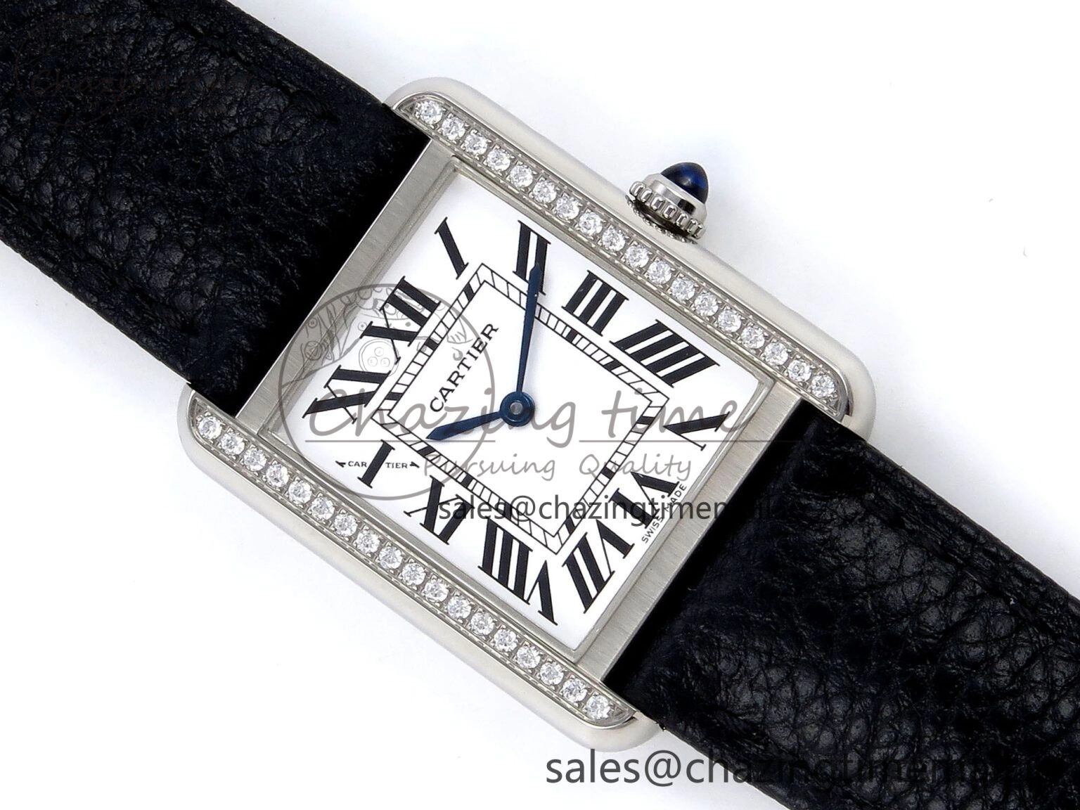 Bright Tank Solo Ladies 25mm SS AF 1:1 Best Edition White Dial Diamonds Bezel on Black Leather Strap Ronda Quartz 5911