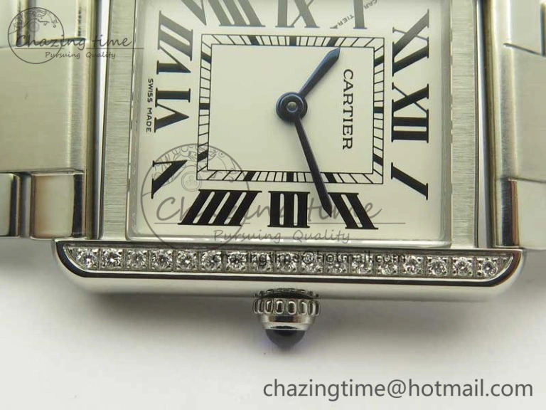 ZipUp Tank Solo Ladies 25mm SS Diamond Bezel K11F 1:1 Best Edition White Dial on SS Bracelet Ronda Quartz 6201