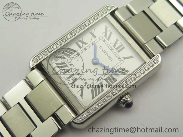 ZipUp Tank Solo Ladies 25mm SS Diamond Bezel K11F 1:1 Best Edition White Dial on SS Bracelet Ronda Quartz 6201