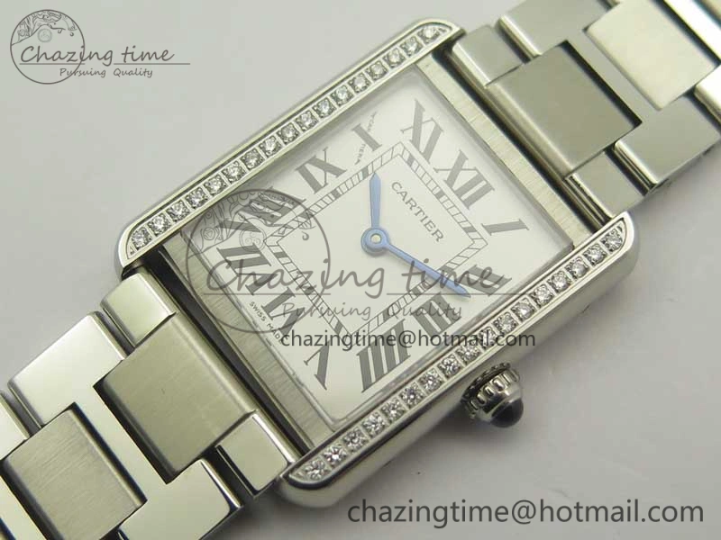 ZipUp Tank Solo Ladies 25mm SS Diamond Bezel K11F 1:1 Best Edition White Dial on SS Bracelet Ronda Quartz 6201