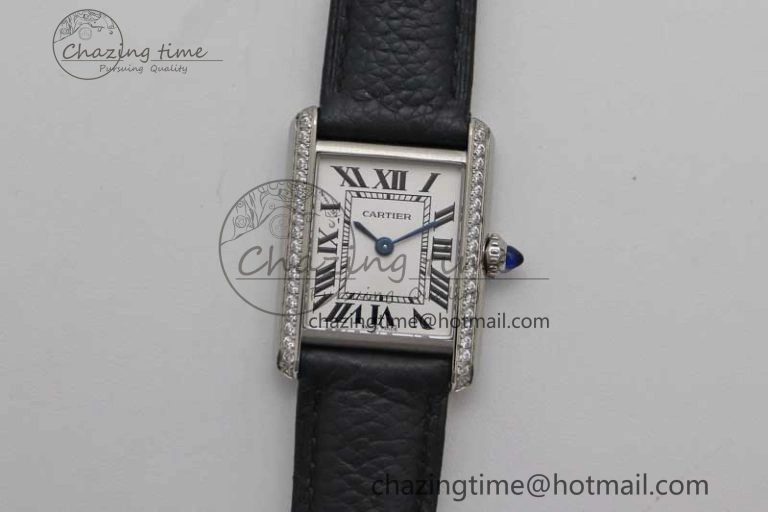 BestValue Tank Solo Ladies 25mm SS K11F 1:1 Best Edition White Dial Diamonds Bezel on Black Leather Strap Ronda Quartz 10231