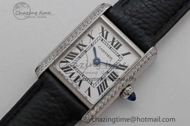 Breathable Tank Solo Ladies 25mm SS K11F 1:1 Best Edition White Dial Diamonds Bezel on Black Leather Strap Ronda Quartz 6069
