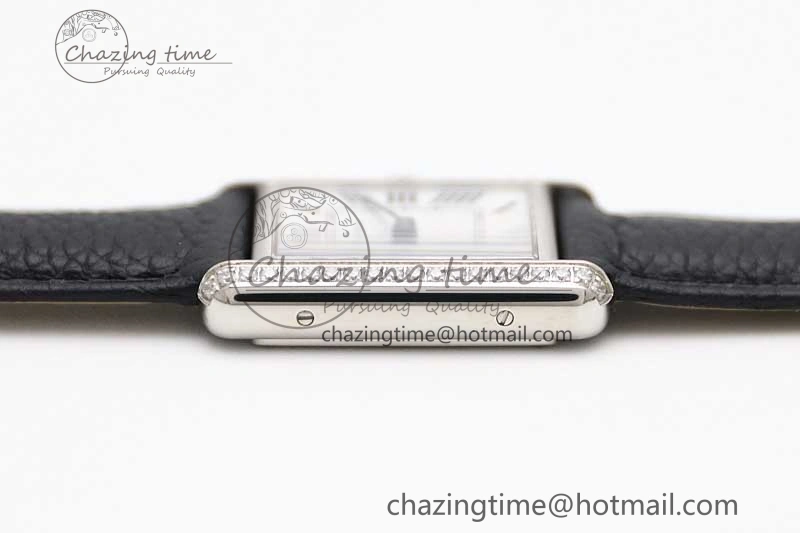 Breathable Tank Solo Ladies 25mm SS K11F 1:1 Best Edition White Dial Diamonds Bezel on Black Leather Strap Ronda Quartz 6069