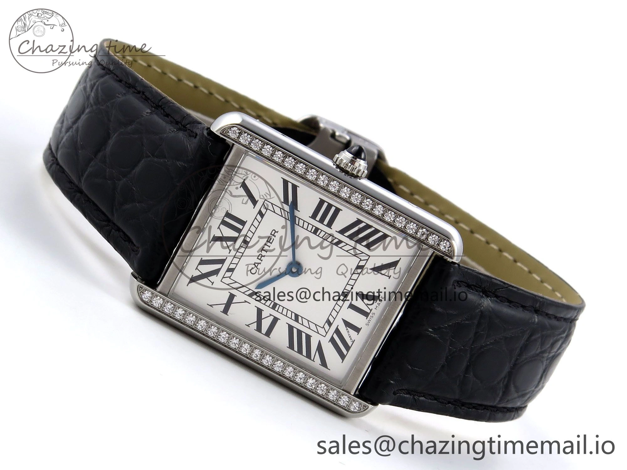Effortless Tank Solo Ladies 28mm SS AF 1:1 Best Edition White Dial Diamonds Bezel on Black Croco Strap Ronda Quartz 5914
