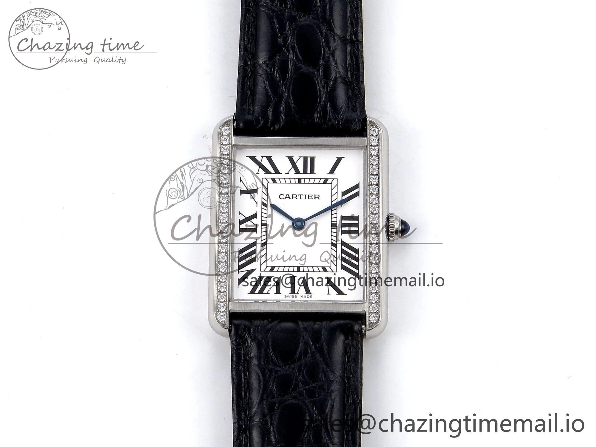 Effortless Tank Solo Ladies 28mm SS AF 1:1 Best Edition White Dial Diamonds Bezel on Black Croco Strap Ronda Quartz 5914