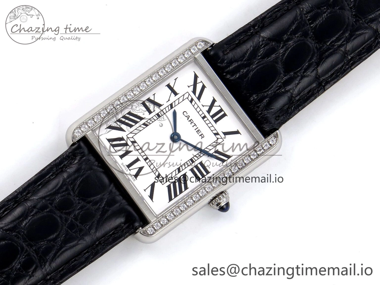 Effortless Tank Solo Ladies 28mm SS AF 1:1 Best Edition White Dial Diamonds Bezel on Black Croco Strap Ronda Quartz 5914