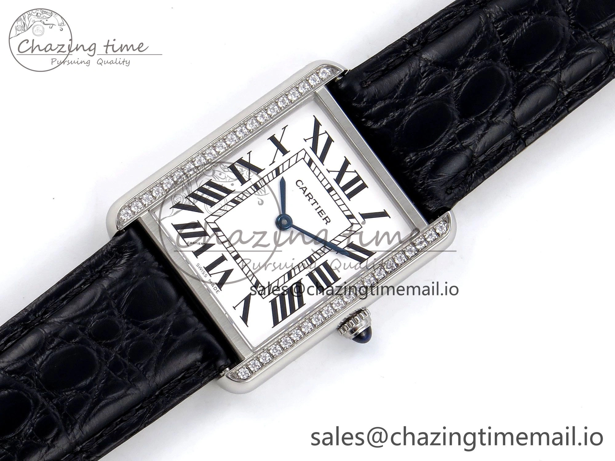 Effortless Tank Solo Ladies 28mm SS AF 1:1 Best Edition White Dial Diamonds Bezel on Black Croco Strap Ronda Quartz 5914