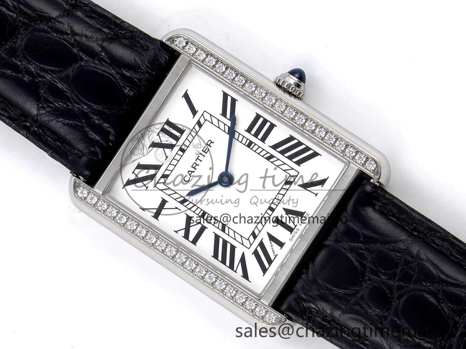 Effortless Tank Solo Ladies 28mm SS AF 1:1 Best Edition White Dial Diamonds Bezel on Black Croco Strap Ronda Quartz 5914
