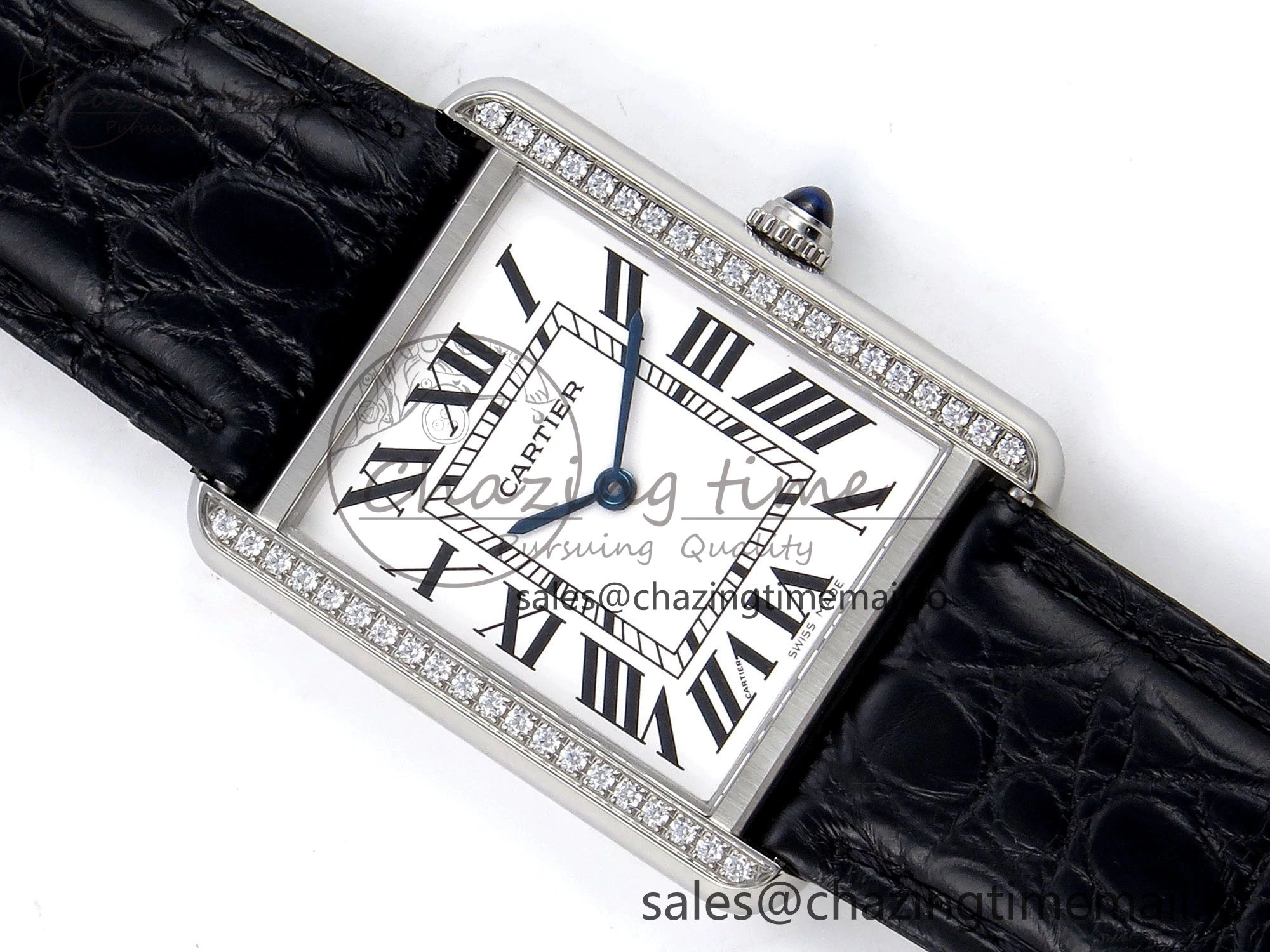 Effortless Tank Solo Ladies 28mm SS AF 1:1 Best Edition White Dial Diamonds Bezel on Black Croco Strap Ronda Quartz 5914