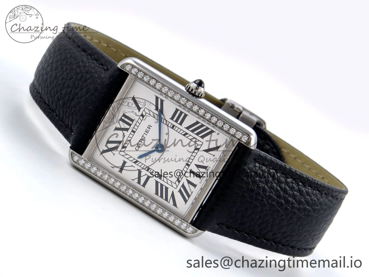 Tank Solo Ladies 28mm SS AF 1:1 Best Edition White Dial Diamonds Bezel on Black Leather Strap Ronda Quartz Stretchable 5909