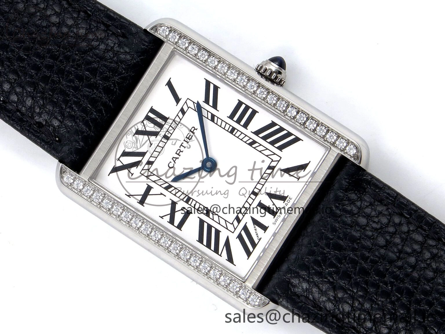 Tank Solo Ladies 28mm SS AF 1:1 Best Edition White Dial Diamonds Bezel on Black Leather Strap Ronda Quartz Stretchable 5909