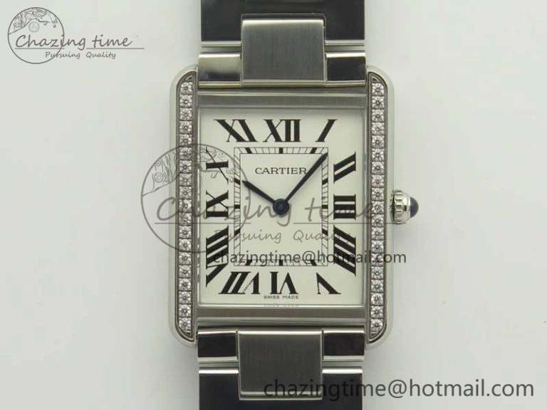 Tank Solo Ladies 28mm SS Diamond Bezel K11F 1:1 Best Edition White Dial on SS Bracelet Ronda Quartz Modern 6198